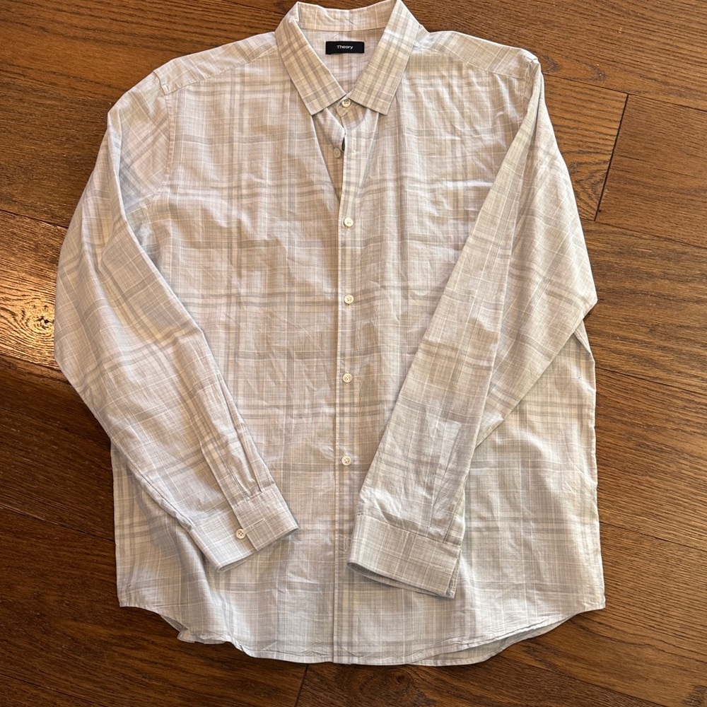 Theory Light Gray Plaid Button-Down Shirt